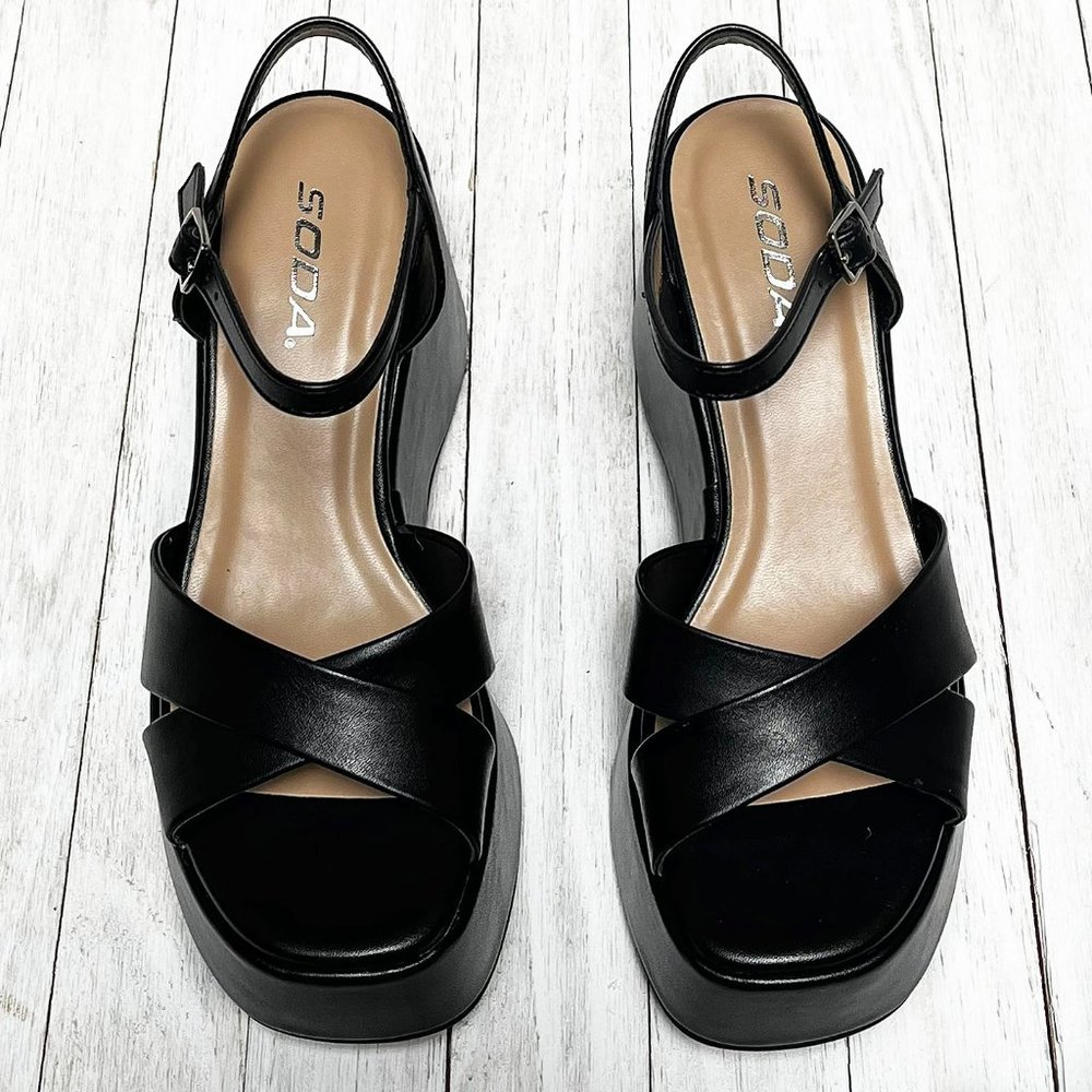 New Black Cross Platform Wedge Sandals - Picture 5 of 6